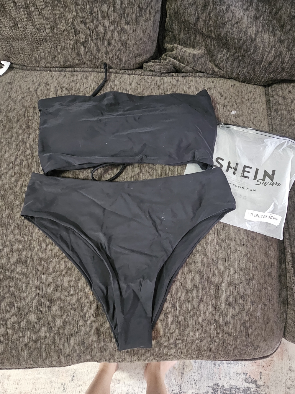 Shein Black Bandeau High-Waist Bikini Set